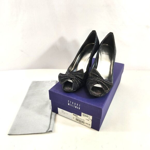 Stuart Weitzman Knot Open Toe Heels Womens 7 Nero Nocturn Black Shimmer Spain - Picture 1 of 12